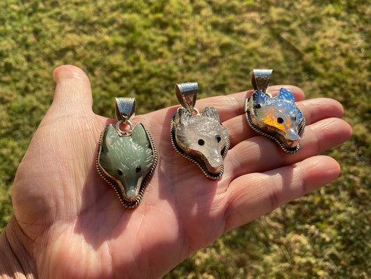 Carved Fox Head Tibetan Silver Pendant, Amazonite or Crystal or Opalite Natural Stone, Jewelry Making, Animal Jewelry, Animal Lover Pendant