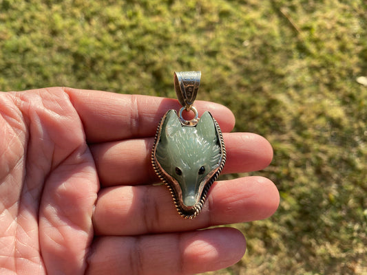 Carved Fox Head Tibetan Silver Pendant, Amazonite or Crystal or Opalite Natural Stone, Jewelry Making, Animal Jewelry, Animal Lover Pendant