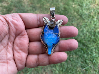 Carved Fox Opalite Tibetan Silver Pendant, Animal Jewelry, Wild Inspired, Mystical Jewelry, Gift Idea, Unique Design, Elegant Jewelry,