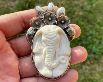 Carved Ganesh Tibetan Silver Pendant, Buffalo Bone, Elephant Head, Yoga Pendant, Ethnic Jewelry, Spiritual Pendant, Locket for Men or Women