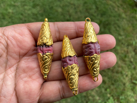 Carved Red Coral Tibetan Bead, Gold overlay, Both side Bail, Himalayan Ethnic Boho Tribal Nepal Beads, Bead for Necklace,Unique Bead, Yoga