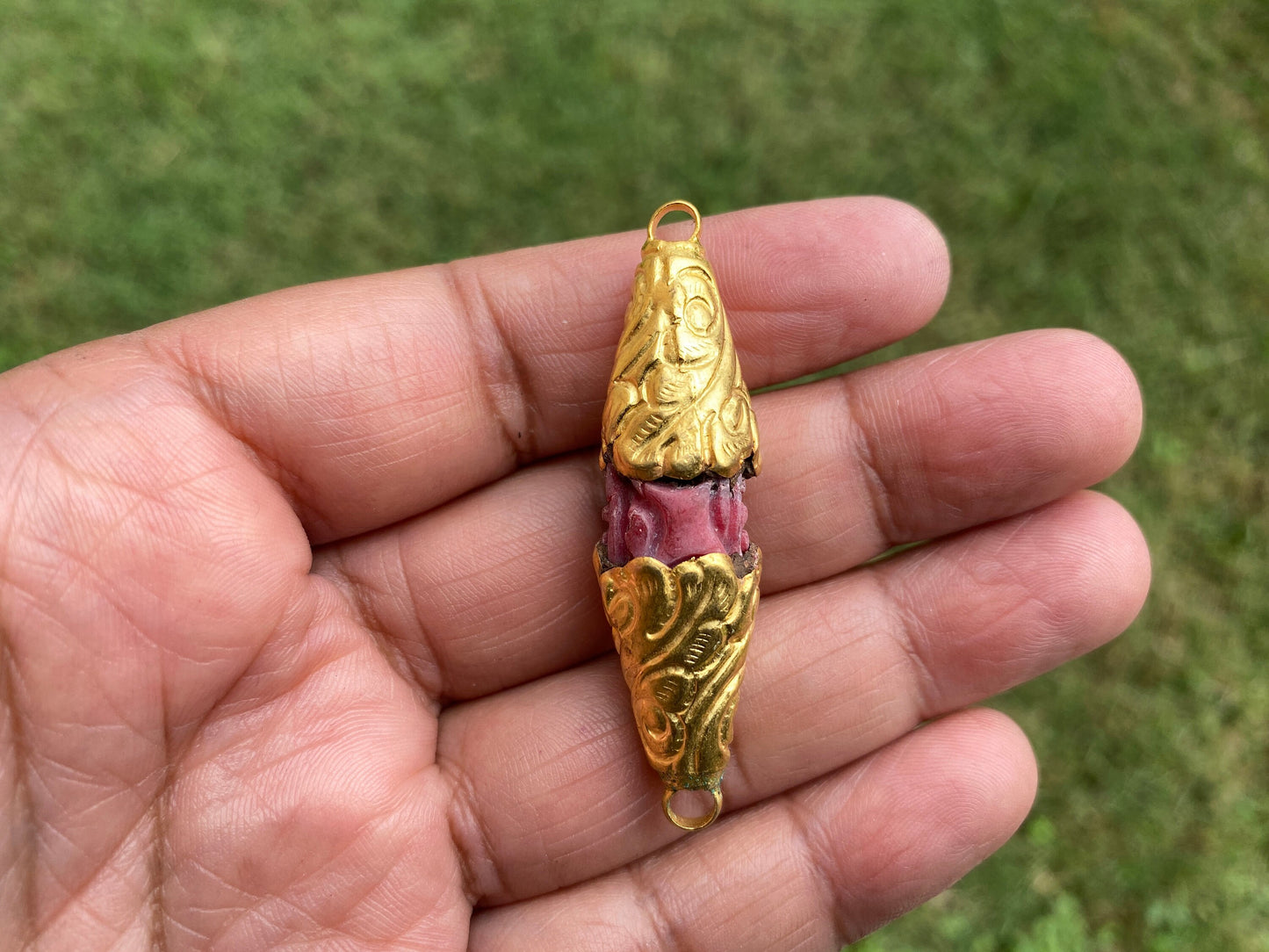 Carved Red Coral Tibetan Bead, Gold overlay, Both side Bail, Himalayan Ethnic Boho Tribal Nepal Beads, Bead for Necklace,Unique Bead, Yoga