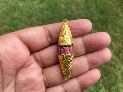 Carved Red Coral Tibetan Bead, Gold overlay, Both side Bail, Himalayan Ethnic Boho Tribal Nepal Beads, Bead for Necklace,Unique Bead, Yoga