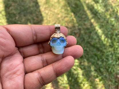 Carved Skull Crystal Tibetan Silver Pendant, Opalite Skull, Esoteric Jewelry, Symbol Of Transience, Gothic Accessory, Life And Death