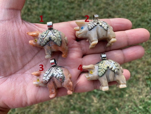 Carved Stone Piggy Soapstone Totem Animal Tibetan Silver Pendant , Spirit Animal Gift Tibetan Silver Pendant, Stone Pig Figurine, Pig Statue