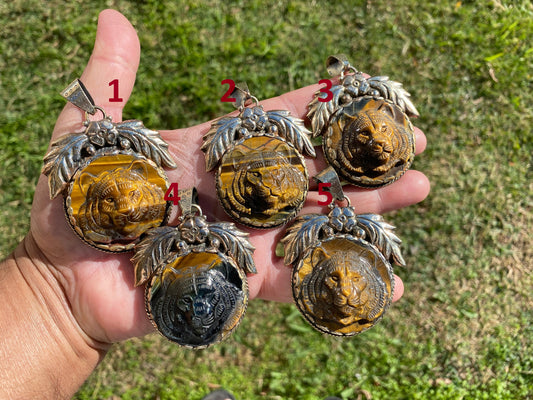 Carved Tiger Head Tibetan Silver Pendant, Tiger Eye Stone, Unique Animal Jewelry, Wildlife Inspired Pendant, Powerful Animal Totem Jewelry