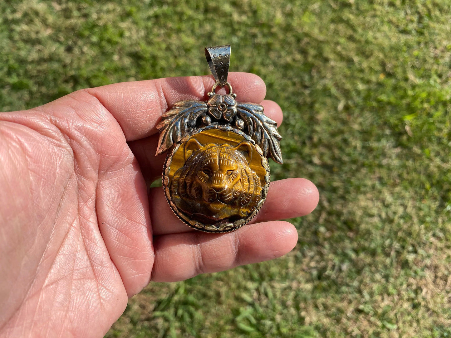 Carved Tiger Head Tibetan Silver Pendant, Tiger Eye Stone, Unique Animal Jewelry, Wildlife Inspired Pendant, Powerful Animal Totem Jewelry
