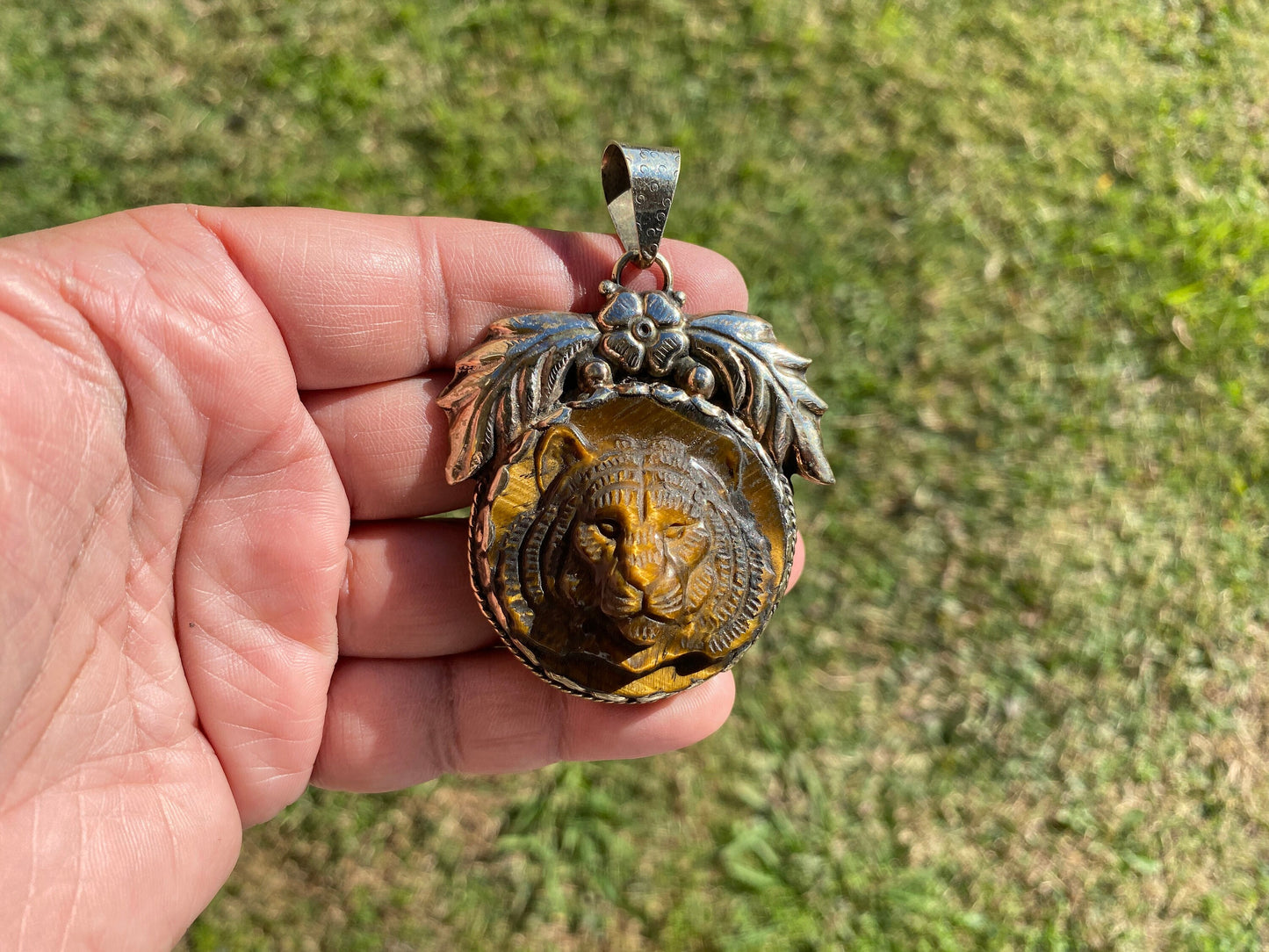 Carved Tiger Head Tibetan Silver Pendant, Tiger Eye Stone, Unique Animal Jewelry, Wildlife Inspired Pendant, Powerful Animal Totem Jewelry