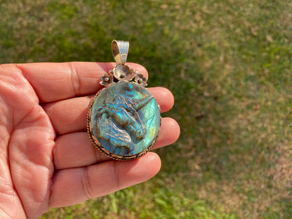 Carved Unicorn Labradorite Tibetan Silver Pendant, Horse Pendant, Labradorite Horse, Blue Labradorite, Wildlife Jewelry, Animal Pendant