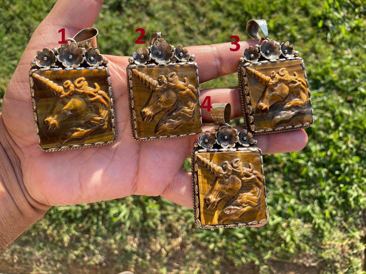 Carved Unicorn Tiger Eye Stone Tibetan Silver Pendant, Protection Amulet, Legendary Symbol, Fantasy Meets Nature. Myth Inspired Jewelry