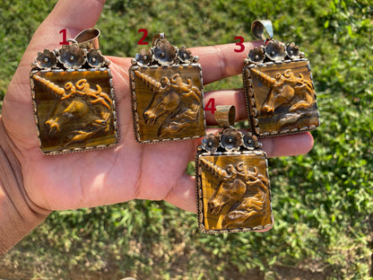 Carved Unicorn Tiger Eye Stone Tibetan Silver Pendant, Protection Amulet, Legendary Symbol, Fantasy Meets Nature. Myth Inspired Jewelry