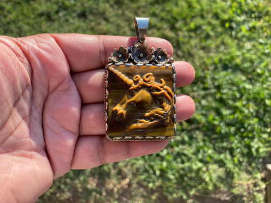 Carved Unicorn Tiger Eye Stone Tibetan Silver Pendant, Protection Amulet, Legendary Symbol, Fantasy Meets Nature. Myth Inspired Jewelry