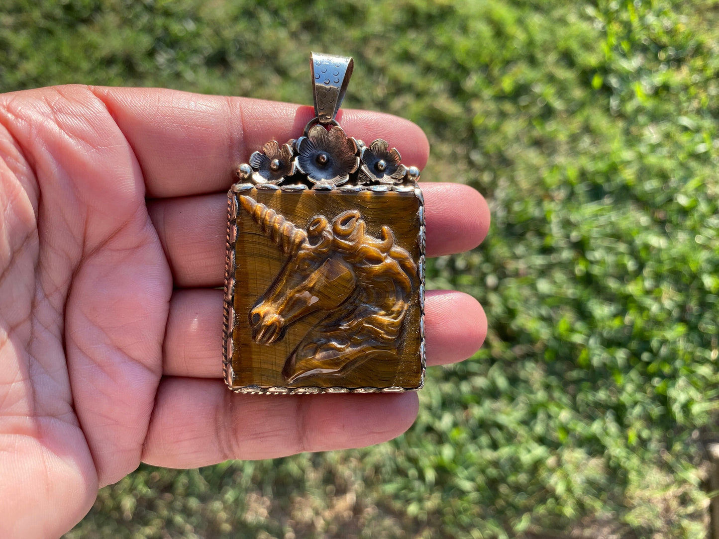 Carved Unicorn Tiger Eye Stone Tibetan Silver Pendant, Protection Amulet, Legendary Symbol, Fantasy Meets Nature. Myth Inspired Jewelry