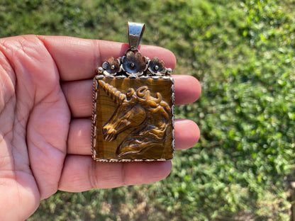 Carved Unicorn Tiger Eye Stone Tibetan Silver Pendant, Protection Amulet, Legendary Symbol, Fantasy Meets Nature. Myth Inspired Jewelry