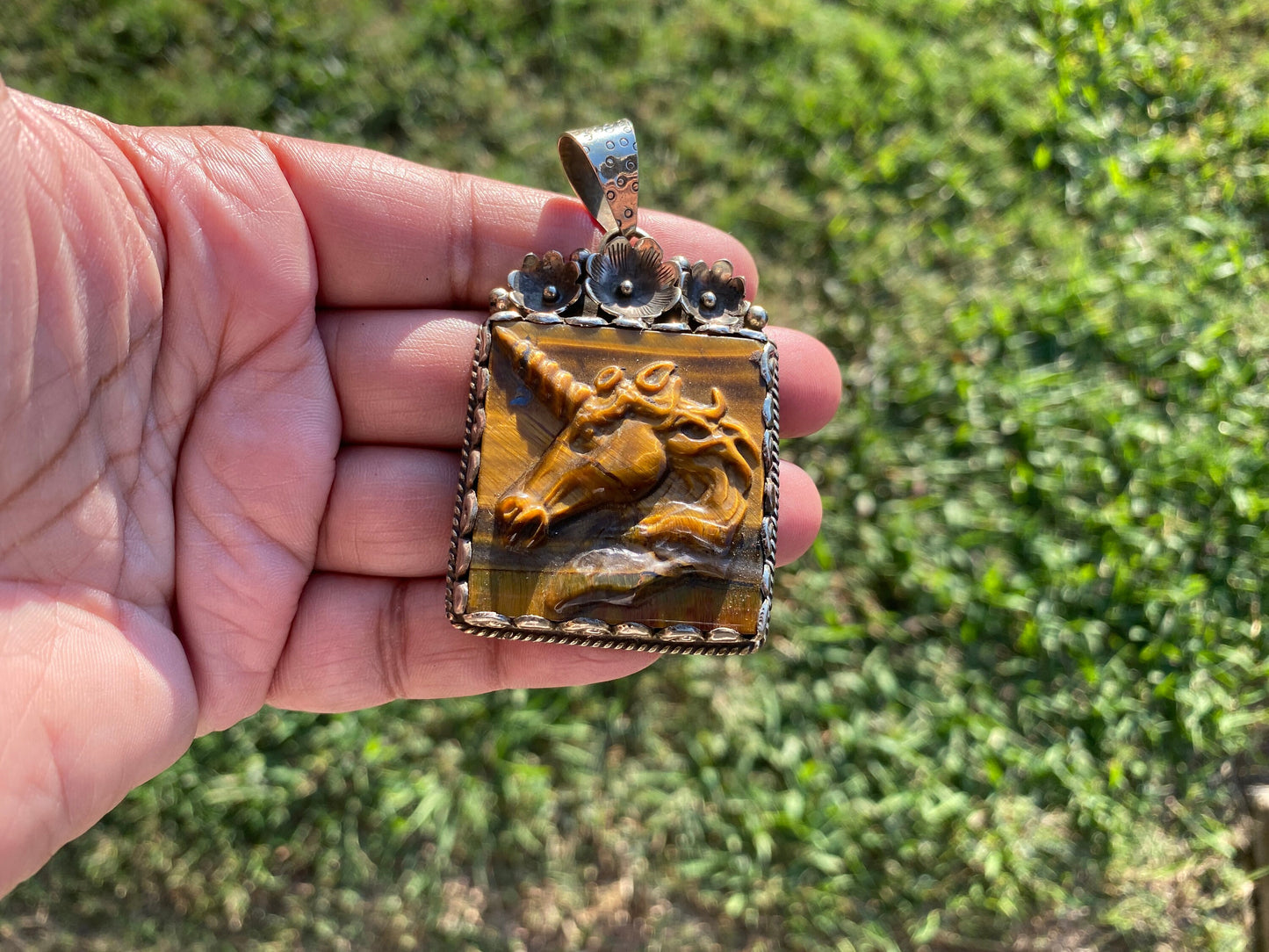 Carved Unicorn Tiger Eye Stone Tibetan Silver Pendant, Protection Amulet, Legendary Symbol, Fantasy Meets Nature. Myth Inspired Jewelry