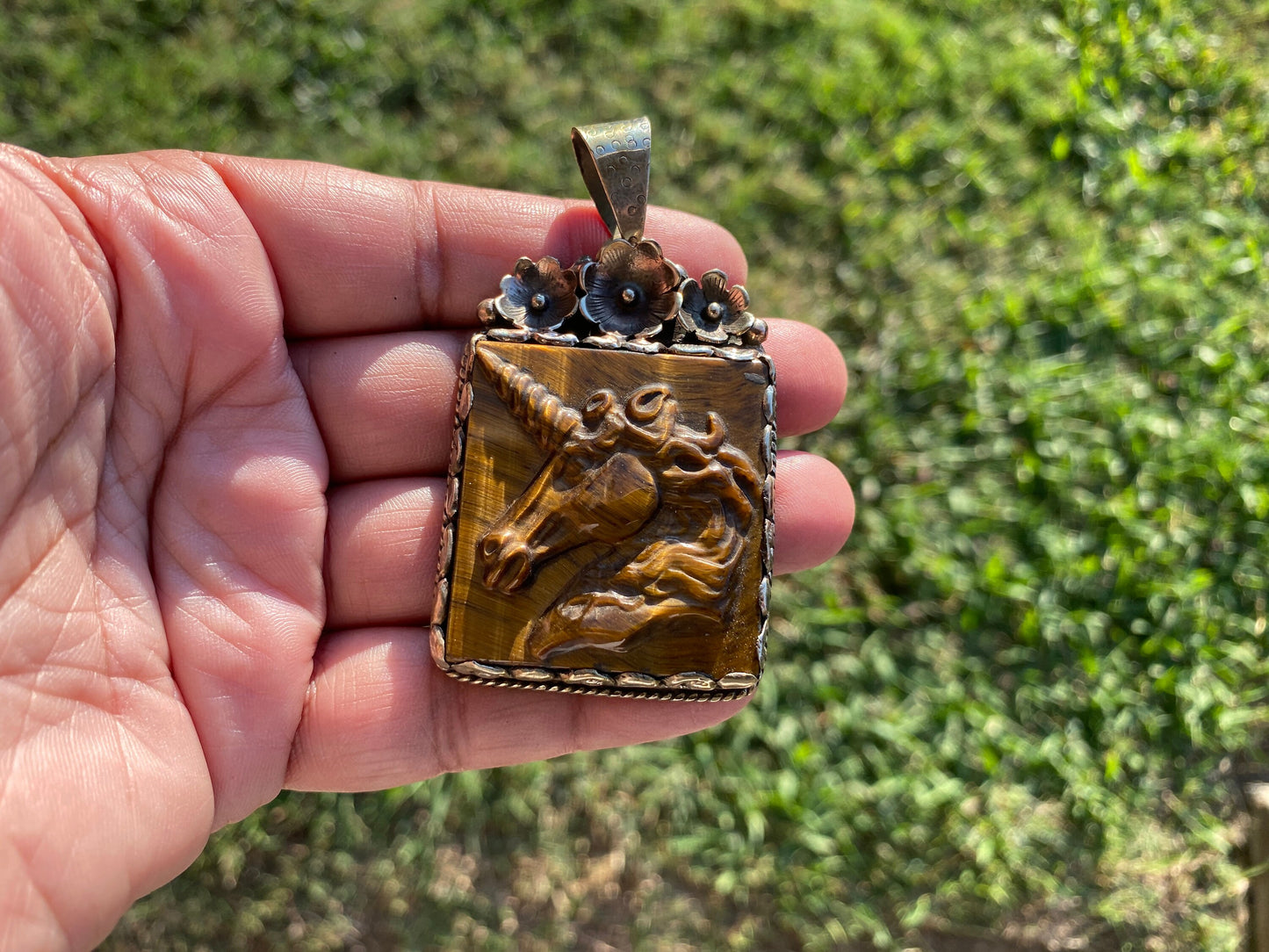 Carved Unicorn Tiger Eye Stone Tibetan Silver Pendant, Protection Amulet, Legendary Symbol, Fantasy Meets Nature. Myth Inspired Jewelry