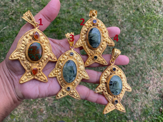 Chrysocolla or Prehnite Stone Pendant, Non Tarnish Brushed Gold Overlay, Elegant Jewelry, Luxury Gold Jewelry, Unique Fish Design Necklace
