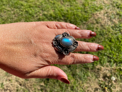 Chunky Adjustable Labradorite Natural Stone Tibetan Silver Ring, Energy Stone Ring, Himalayan Jewelry, Genuine Stone, Healing Crystal