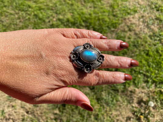 Chunky Adjustable Labradorite Natural Stone Tibetan Silver Ring, Energy Stone Ring, Himalayan Jewelry, Genuine Stone, Healing Crystal