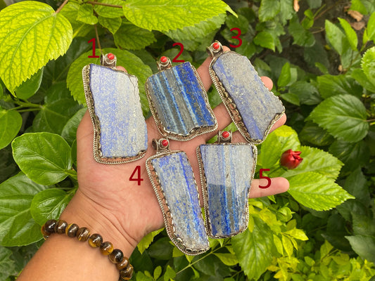 Collectible Artisanal Pendant with Lapis, Coral & Hammered Silver - Unisex Floral Design, Unique Pendant, Handmade design, Statement piece.