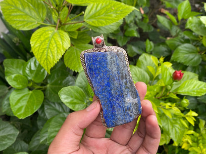 Collectible Artisanal Pendant with Lapis, Coral & Hammered Silver - Unisex Floral Design, Unique Pendant, Handmade design, Statement piece.