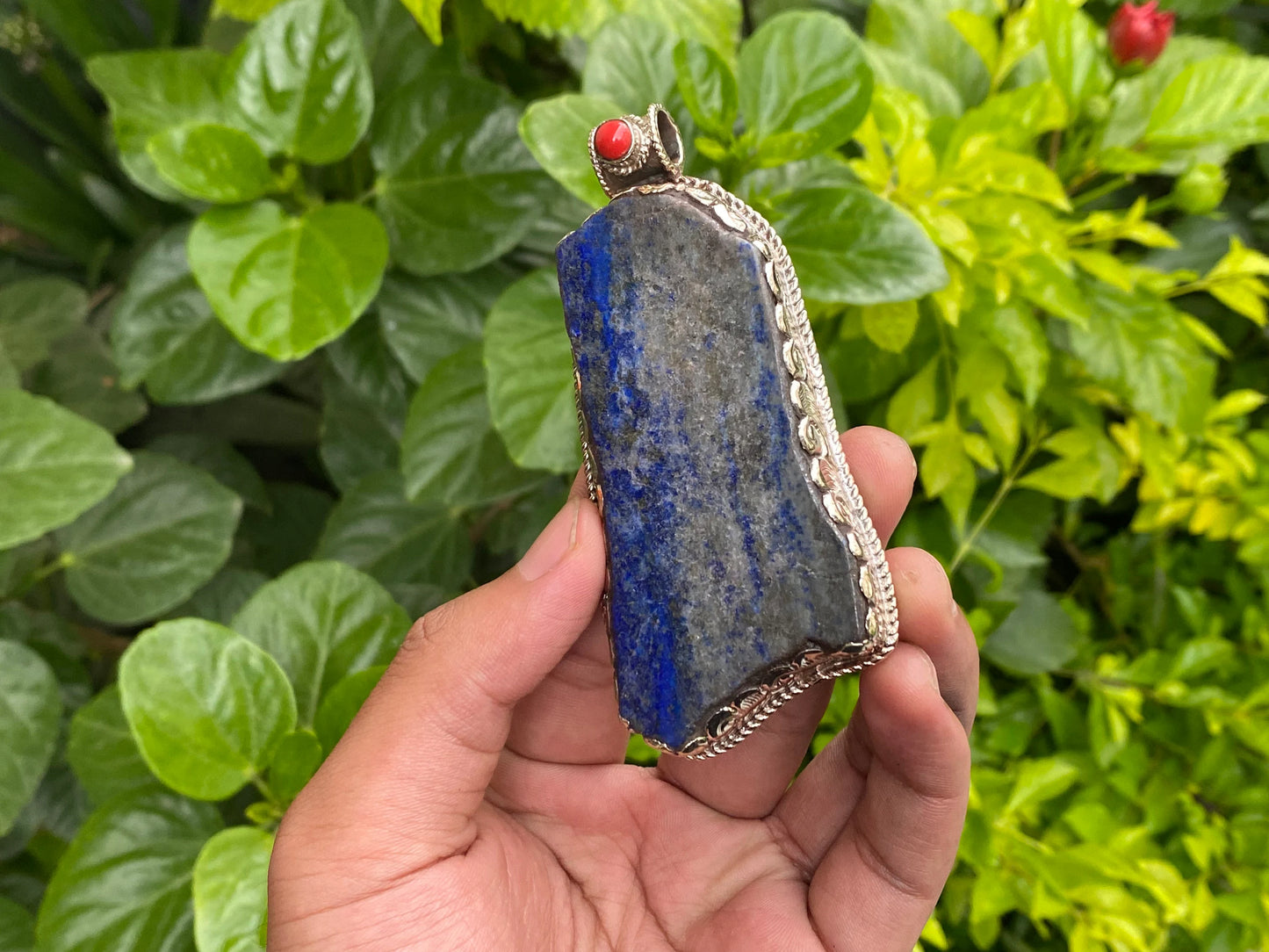 Collectible Artisanal Pendant with Lapis, Coral & Hammered Silver - Unisex Floral Design, Unique Pendant, Handmade design, Statement piece.