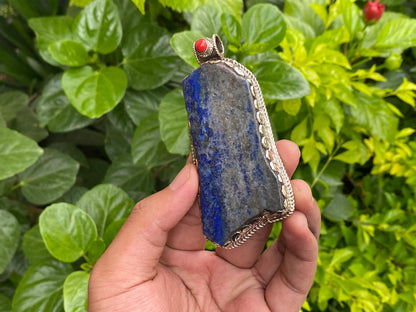 Collectible Artisanal Pendant with Lapis, Coral & Hammered Silver - Unisex Floral Design, Unique Pendant, Handmade design, Statement piece.