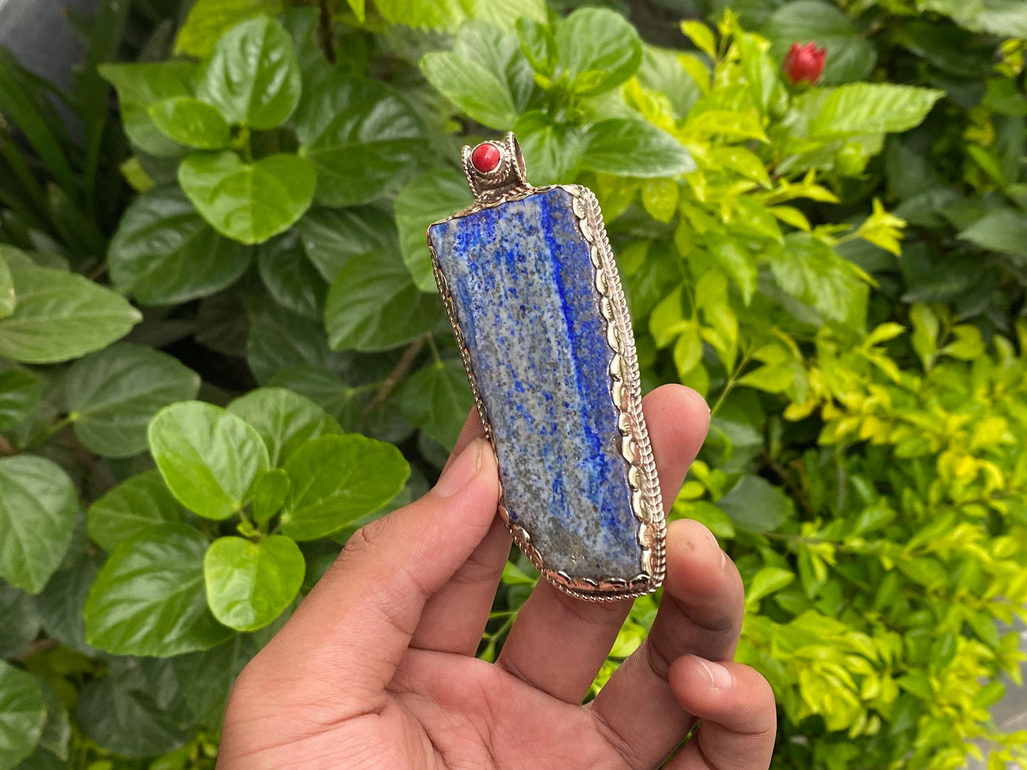 Collectible Artisanal Pendant with Lapis, Coral & Hammered Silver - Unisex Floral Design, Unique Pendant, Handmade design, Statement piece.