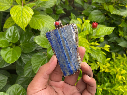 Collectible Artisanal Pendant with Lapis, Coral & Hammered Silver - Unisex Floral Design, Unique Pendant, Handmade design, Statement piece.