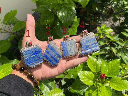 Collectible Floral designed Handmade Pendant with Lapis, Coral & Hammered Silver - Unisex Statement Jewelry, Unique pendant, Unisex gift.