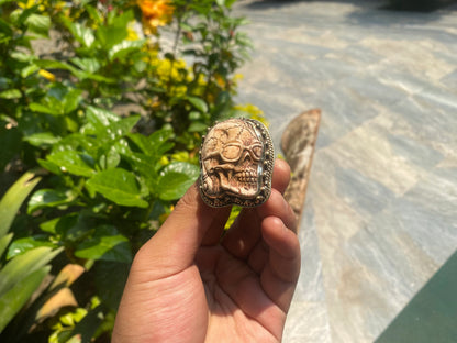 Cool looking Skull carved on Buffalo Bone, Big Adjustable Tibetan Silver Ring, Cool Gift Ideas.