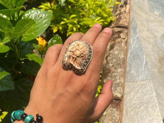Cool looking Skull carved on Buffalo Bone, Big Adjustable Tibetan Silver Ring, Cool Gift Ideas.