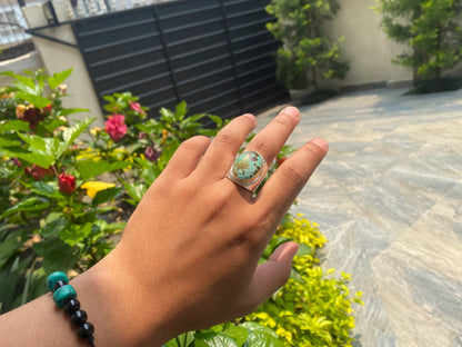 Crafted with Love: Adjustable Turquoise Hammered Ring with Silver & Gold Overlay, Aesthetic Ring, Unisex Ring.
