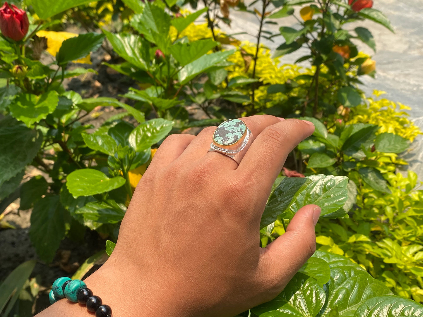 Crafted with Love: Adjustable Turquoise Hammered Ring with Silver & Gold Overlay, Aesthetic Ring, Unisex Ring.