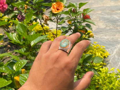 Crafted with Love: Adjustable Turquoise Hammered Ring with Silver & Gold Overlay, Aesthetic Ring, Unisex Ring.