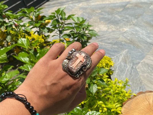 Cross Carved on Buffalo Bone, Adjustable Tibetan Silver Ring, For Daily wear, Bone carved Ring.