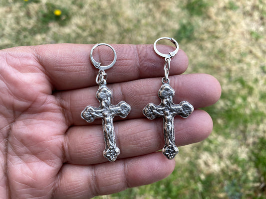 Cross Design Egyptian Earrings, Brushed Silver Plated Hoop Earrings, Ancient Gypsy Earring, Ethnic Earrings, Light Weight, Bridal Earrings