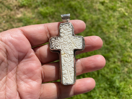 Cross Hand Carved Bone Tibetan Silver Pendant, Cross Pendant for Women or Men, Religious Jewelry, Spiritual Jewelry, Jesus Christ Pendant