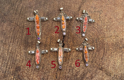 Cross Shaped Spiny Orange Oyster Pendant adorned with Natural Gemstones & Tibetan Silver Details, Healing Pendant, Handmade Unisex Pendant.