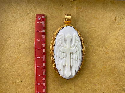 Cross with Angel Wings Bone Carved Pendant, High Quality 18K Matte Gold Overlay Non Tarnish, Guardian Angel Cross, Unisex, Religious Jewelry