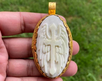 Cross with Angel Wings Bone Carved Pendant, High Quality 18K Matte Gold Overlay Non Tarnish, Guardian Angel Cross, Unisex, Religious Jewelry