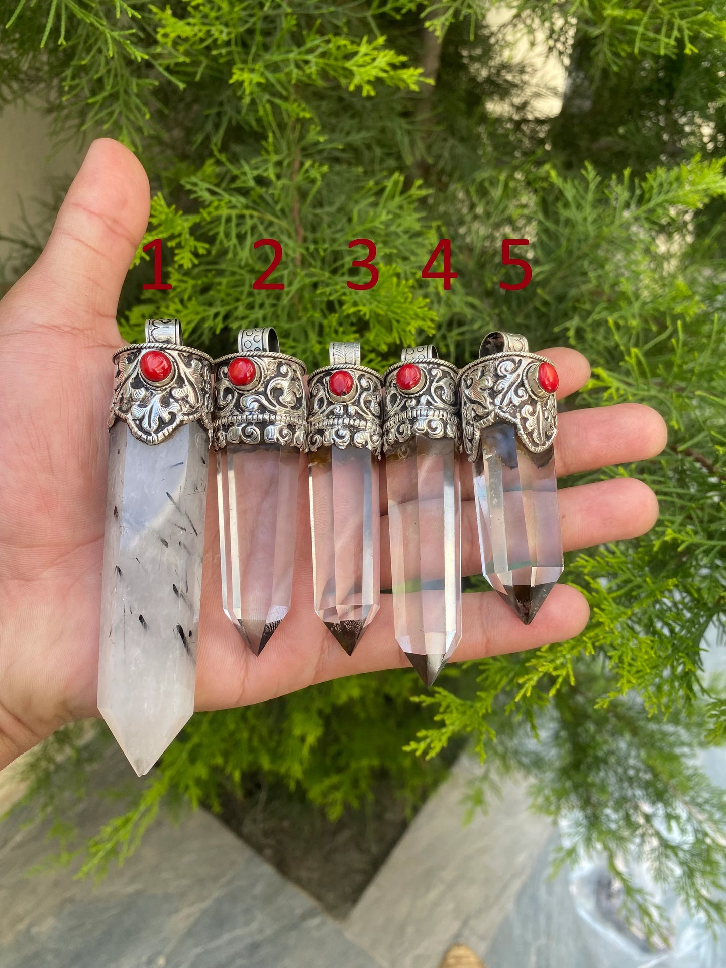 Crystal and Coral Crowned Pointed Moon Stone Pendant, Pointed Moon Stone and Crystal with Coral.