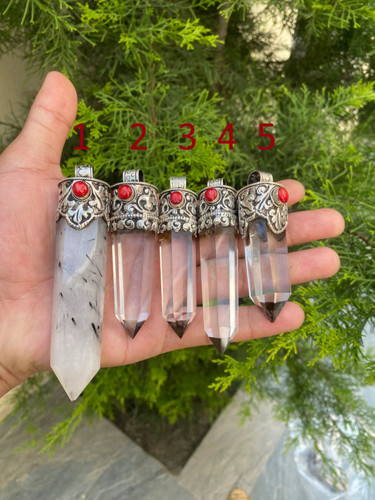 Crystal and Coral Crowned Pointed Moon Stone Pendant, Pointed Moon Stone and Crystal with Coral.