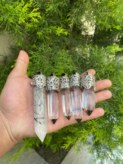 Crystal and Coral Crowned Pointed Moon Stone Pendant, Pointed Moon Stone and Crystal with Coral.