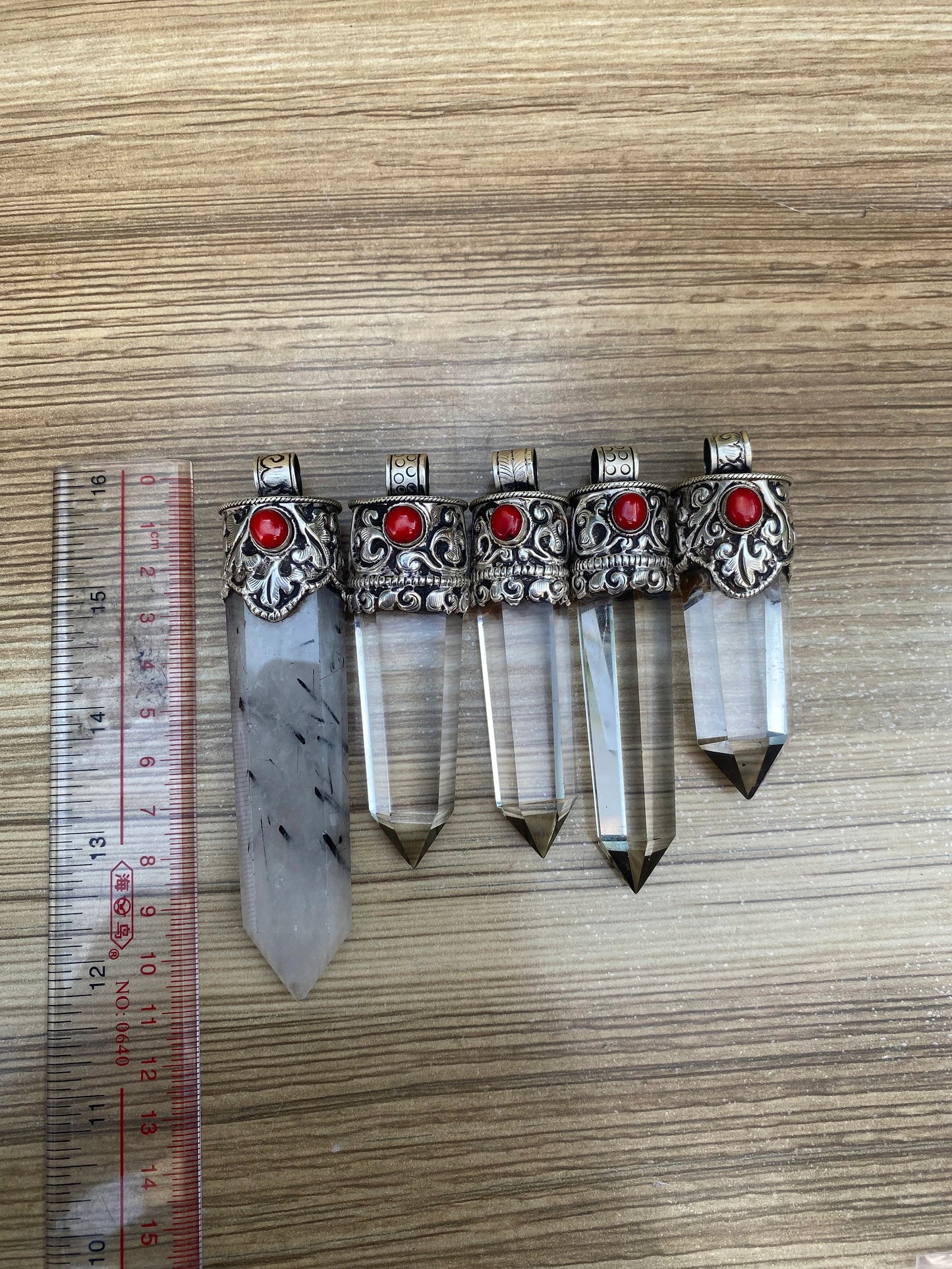 Crystal and Coral Crowned Pointed Moon Stone Pendant, Pointed Moon Stone and Crystal with Coral.