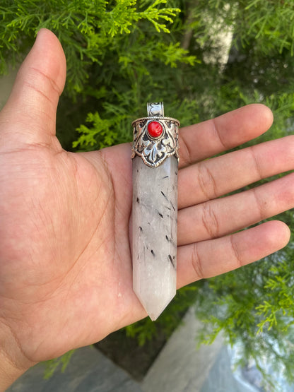 Crystal and Coral Crowned Pointed Moon Stone Pendant, Pointed Moon Stone and Crystal with Coral.