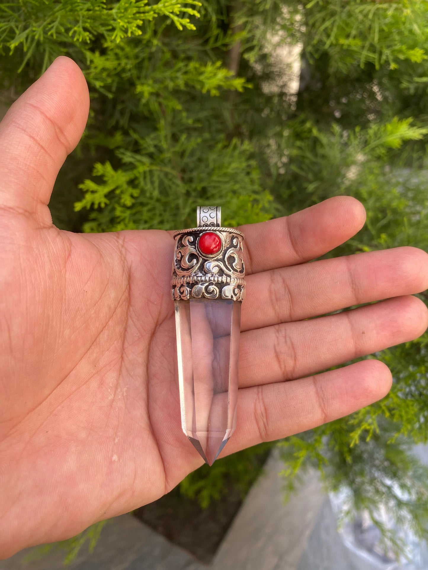 Crystal and Coral Crowned Pointed Moon Stone Pendant, Pointed Moon Stone and Crystal with Coral.