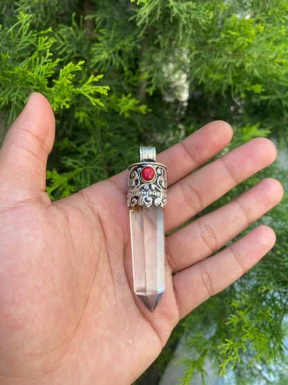 Crystal and Coral Crowned Pointed Moon Stone Pendant, Pointed Moon Stone and Crystal with Coral.