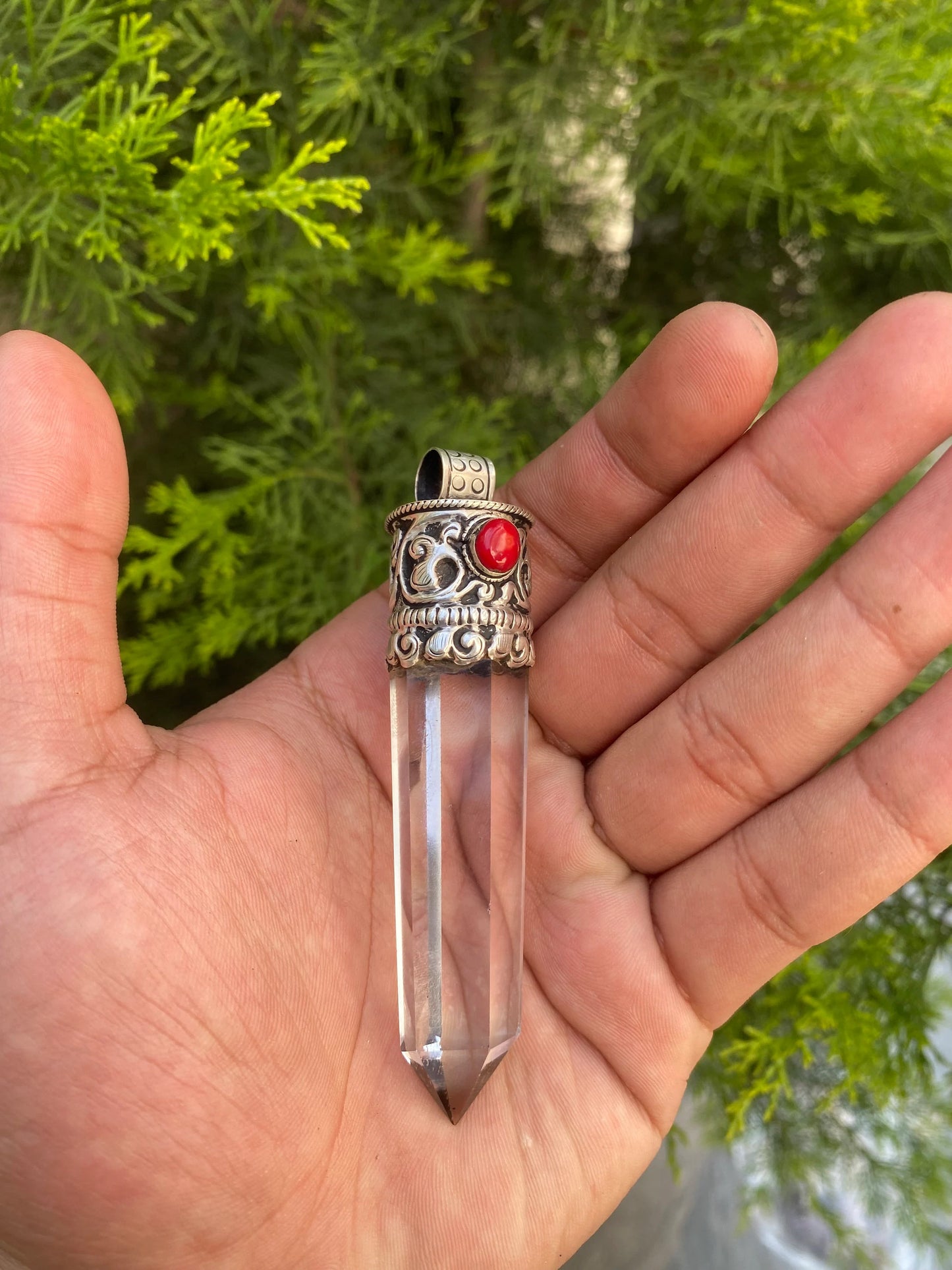 Crystal and Coral Crowned Pointed Moon Stone Pendant, Pointed Moon Stone and Crystal with Coral.