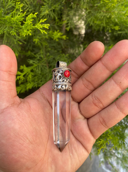 Crystal and Coral Crowned Pointed Moon Stone Pendant, Pointed Moon Stone and Crystal with Coral.